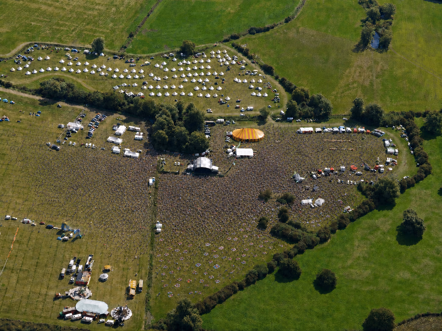 Aerial view of LodeStar Festival main arenas showing the main stage, big top and the village green stage