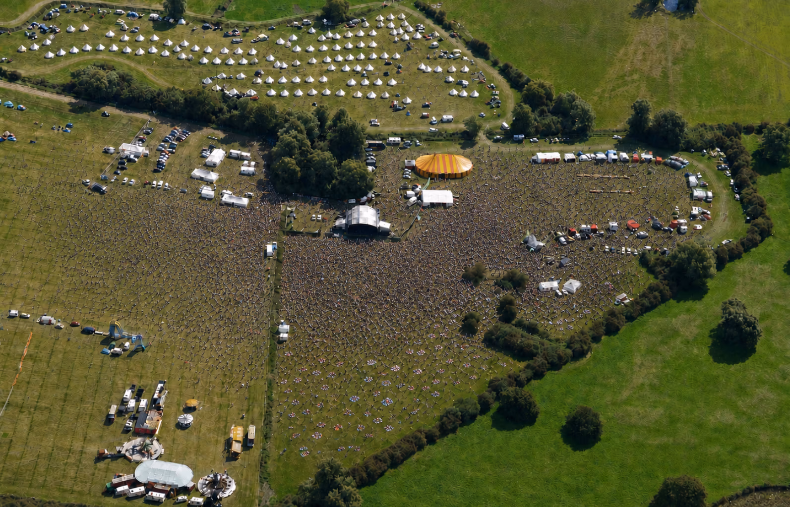 Aerial view of LodeStar Festival main arenas showing the main stage, big top and the village green stage